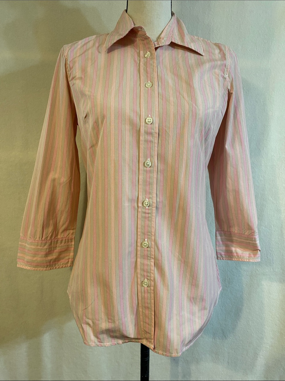 J. Crew 3/4 sleeve pink brown white striped cotton button down shirt